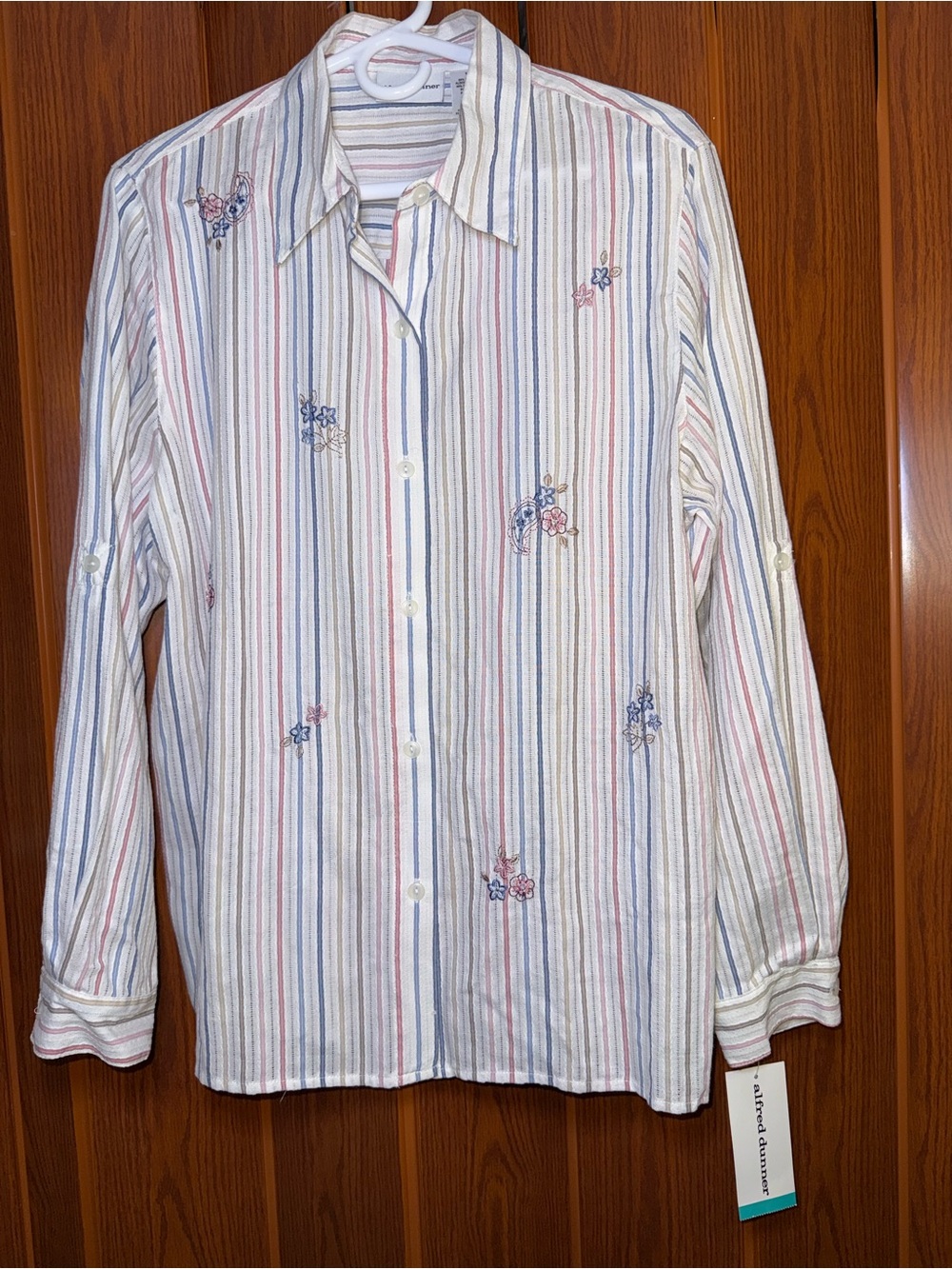 Alfred Dunner White Striped Button-Up Shirt with Blue and Pink Embroidery